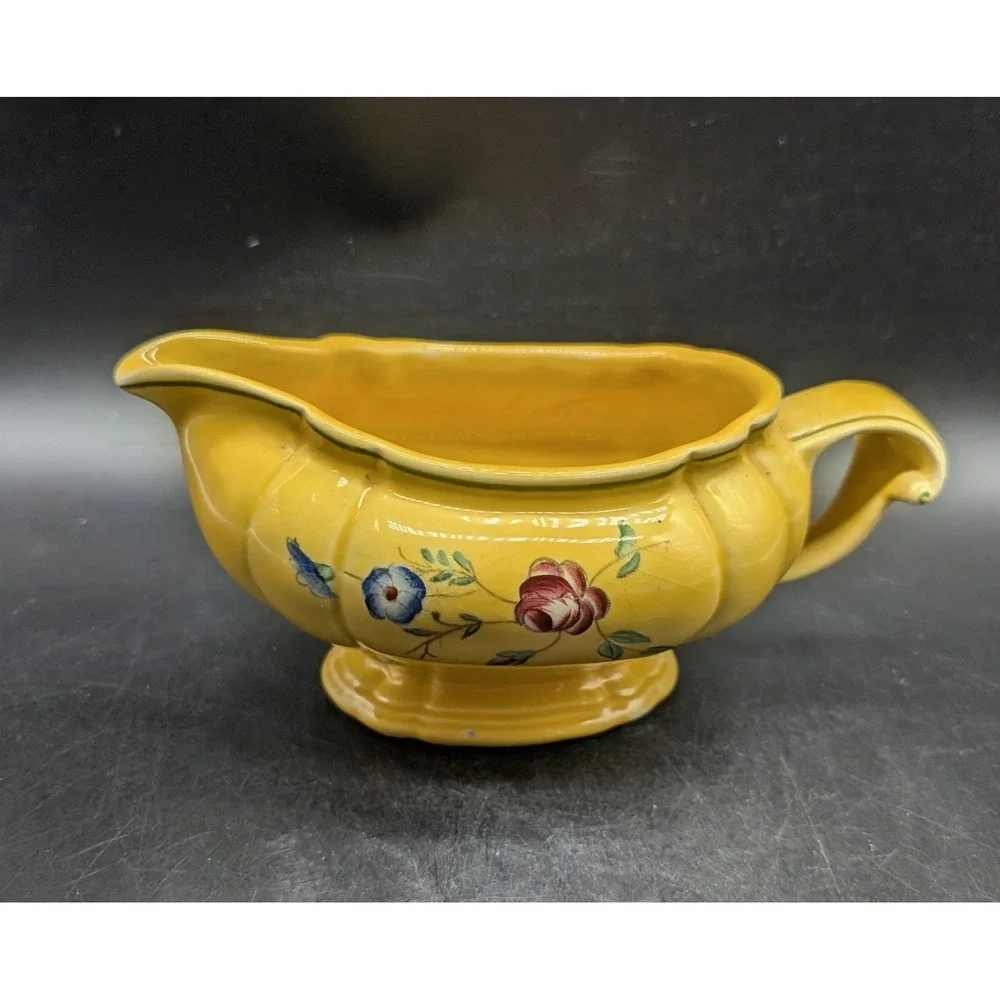 Vintage Longchamp Hand Painted France Yellow Floral Gravy Boat Pedestal 7